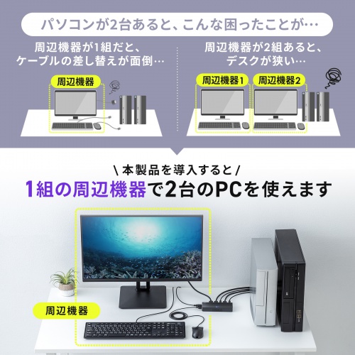 DisplayPort対応 パソコン自動切替器 2:1 4K/60Hz エミュレーション非搭載 マウス キーボード