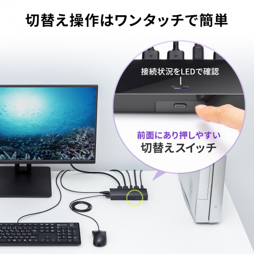 DisplayPort対応 パソコン自動切替器 2:1 4K/60Hz エミュレーション非搭載 マウス キーボード