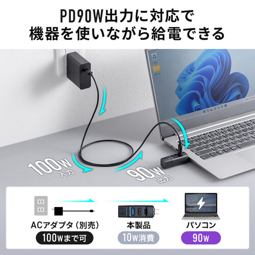 小型USBハブ USB-C接続 USB A×2 USB-C×1 USB PD 90W対応 セルフパワー ブラック