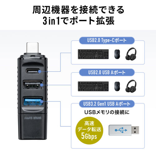 小型USBハブ USB-C接続 USB A×2 USB-C×1 バスパワー ブラック