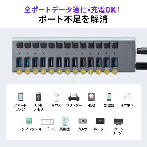 USBハブ 13ポート USB A×13 USB 5Gbps 個別スイッチ付き セルフパワー