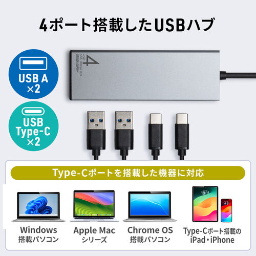 スリムUSBハブ USB-C接続 USB A×2 USB-C×2 USB 10Gbps バスパワー