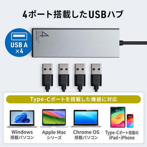 スリムUSBハブ USB-C接続 USB A×4 USB 10Gbps バスパワー