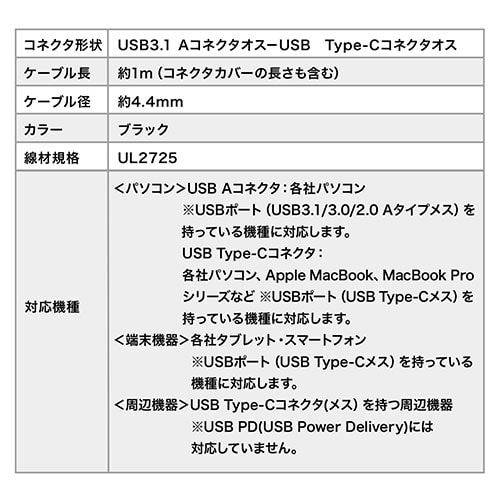 USB タイプCケーブル(USB3.1・Gen2・Type-Cオス/USB Aオス・USB-IF認証済み・1m・ブラック)