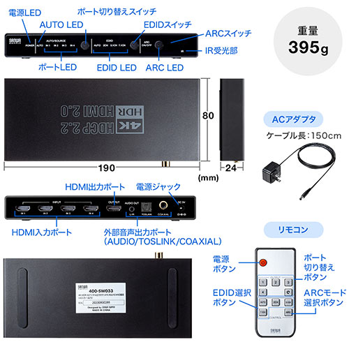 HDMI切替器(4K・60Hz・HDR・HDCP2.2・光デジタル・ARC・4入力1出力