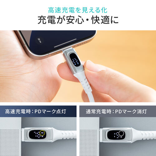 モニター付き USB Type-Cケーブル 1m USB 2.0 USB PD240W対応 やわらかシリコンケーブル ホワイト