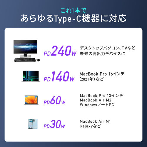モニター付き USB Type-Cケーブル 1m USB 2.0 USB PD240W対応 やわらかシリコンケーブル ホワイト