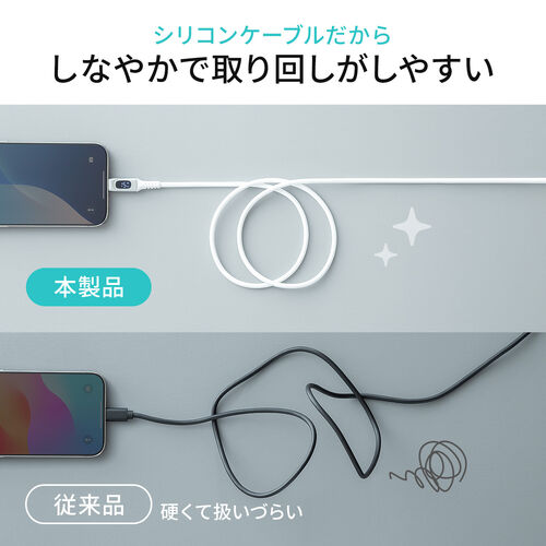 モニター付き USB Type-Cケーブル 1m USB 2.0 USB PD240W対応 やわらかシリコンケーブル ホワイト