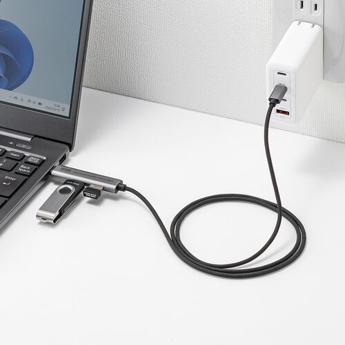 【アウトレット】USBハブ付き USB Type-Cケーブル 1m USB-C×2 USB 5Gbps USB PD 100W対応 ブラック