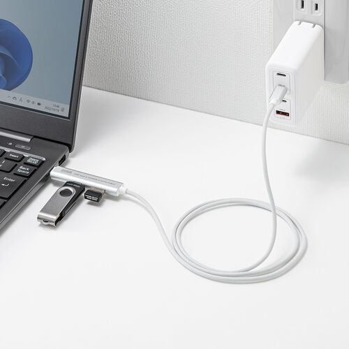 【アウトレット】USBハブ付き USB Type-Cケーブル 1m USB-C×2 USB 5Gbps USB PD 100W対応 シルバー