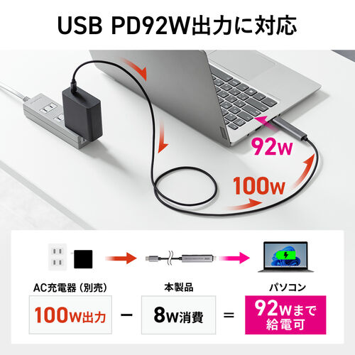 【アウトレット】USBハブ付き USB Type-Cケーブル 1m USB-C×2 USB 5Gbps USB PD 100W対応 シルバー