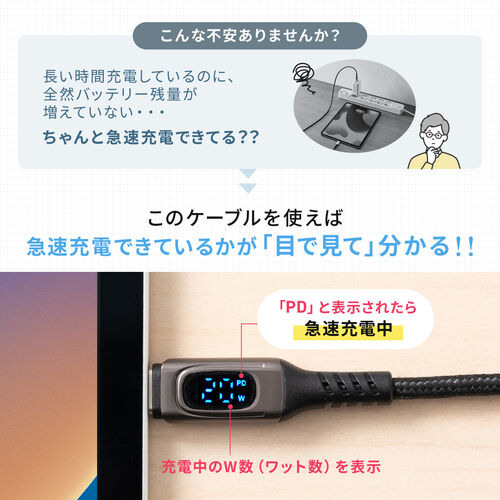 USB PD電力表示モニター付き USB Type-Cケーブル 1m USB2.0 USB PD 100W 高耐久メッシュ ブラック