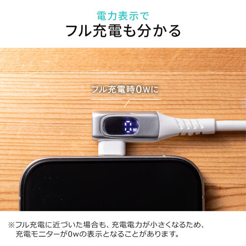 モニター付きUSB Type-Cケーブル L字コネクタ 1m USB2.0 USB PD240W やわらかシリコンケーブル ホワイト