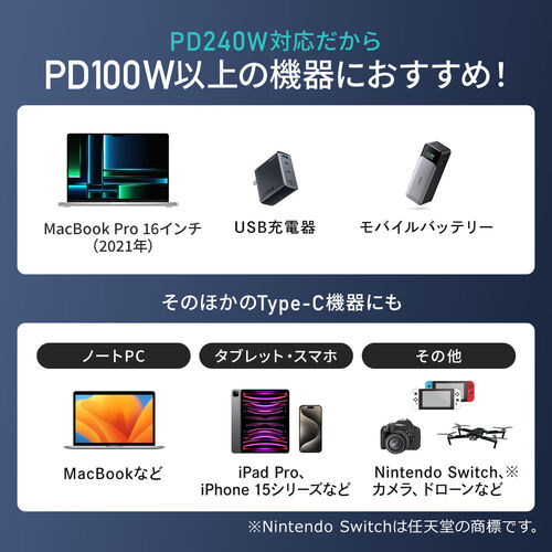 モニター付きUSB Type-Cケーブル L字コネクタ 2m USB2.0 USB PD240W やわらかシリコンケーブル ホワイト